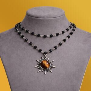 New Y2K Gothic Emo Grunge Layered Beaded Choker Necklace Tigers Eye Sun Pendant
